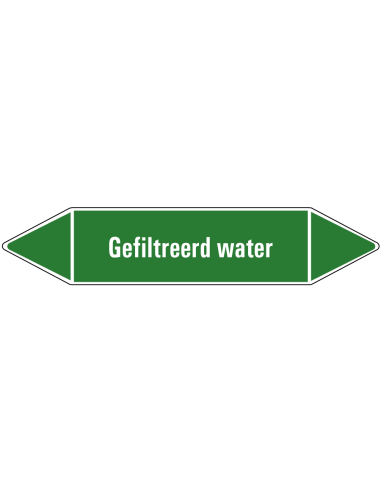 Gefiltreerd water leidingmarkering op vel, groen wit, Nederlandse tekst gefiltreerd water, stroomrichting leiding water