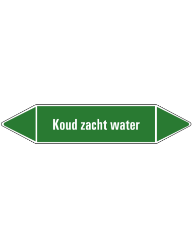 Koud zacht water leidingmarkering op vel, groen wit, Nederlandse tekst koud zacht water, stroomrichting leiding water
