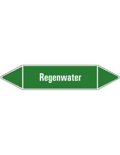 Regenwater leidingmarkering op vel, groen wit, Nederlandse tekst regenwater, stroomrichting leiding water