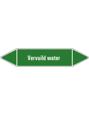 Vervuild water leidingmarkering op vel, groen wit, Nederlandse tekst vervuild water, stroomrichting leiding water