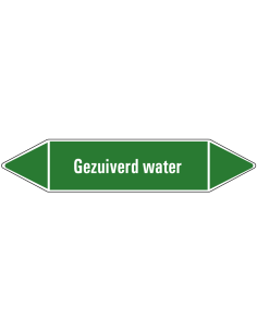 Gezuiverd water leidingmarkering op vel, groen wit, Nederlandse tekst gezuiverd water, stroomrichting leiding water