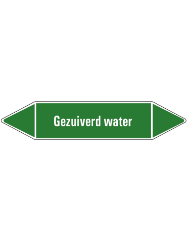 Gezuiverd water leidingmarkering op vel, groen wit, Nederlandse tekst gezuiverd water, stroomrichting leiding water