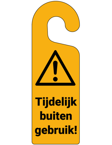 Tijdelijk buiten gebruik hanger, 300 x 100 mm, met tekst tijdelijk buiten gebruik, W001 pictogram, geel zwart