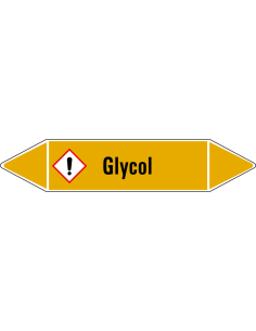 Glycol leidingmarkering op vel, geel zwart, Nederlandse tekst glycol, stroomrichting leiding glycol, GHS07