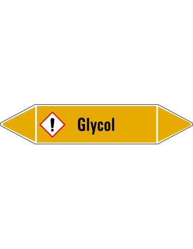 Glycol leidingmarkering op vel, geel zwart, Nederlandse tekst glycol, stroomrichting leiding glycol, GHS07
