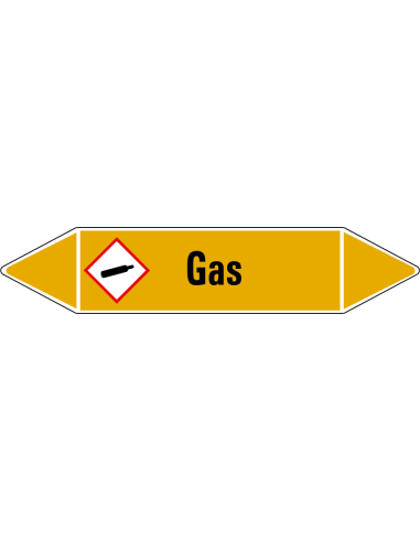 Gas leidingmarkering op vel, geel zwart, Nederlandse tekst gas, stroomrichting leiding gas, GHS04