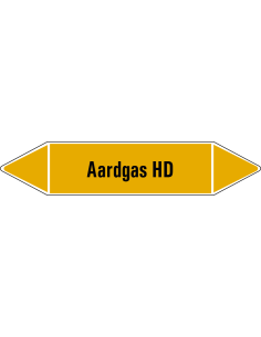 Aardgas HD leidingmarkering op vel, geel zwart, Nederlandse tekst aardgas HD, stroomrichting leiding gas