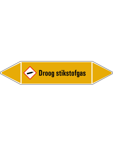 Droog stikstofgas leidingmarkering op vel, geel zwart, Nederlandse tekst droog stikstofgas