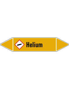 Helium leidingmarkering op vel, geel zwart, Nederlandse tekst helium, stroomrichting leiding gas, GHS04