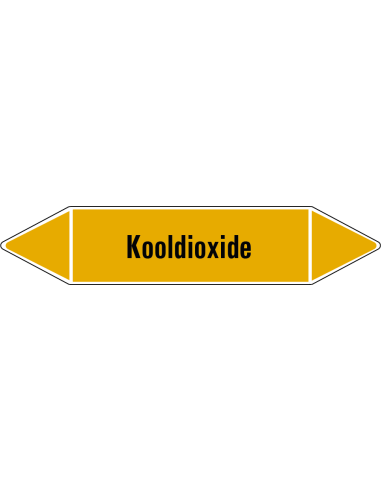 Kooldioxide leidingmarkering op vel, geel zwart, Nederlandse tekst kooldioxide, stroomrichting leiding gas