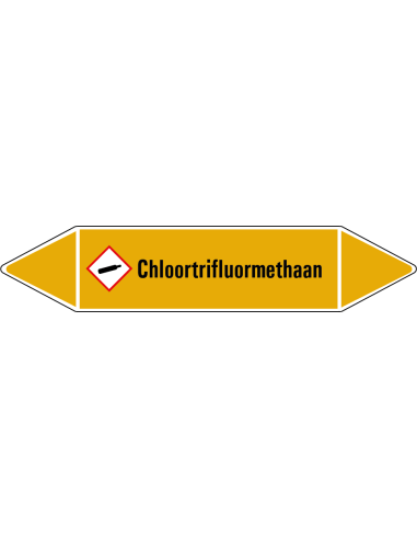 Chloortrifluormethaan leidingmarkering op vel, geel zwart, Nederlandse tekst chloortrifluormethaan, stroomrichting leiding gas