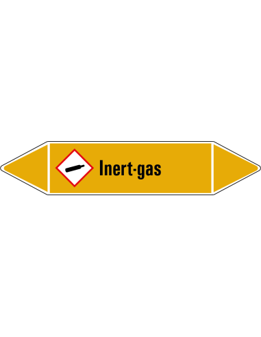 Inert-gas leidingmarkering op vel, geel zwart, Nederlandse tekst inert-gas, stroomrichting leiding gas, GHS04