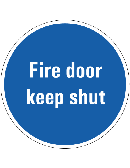 Fire door keep shut bord, rond, Engelse tekst fire door keep shut, blauw wit