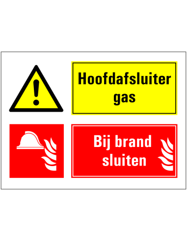 Hoofdafsluiter gas afsluiten bij brand sticker, rood geel, rechthoekig
