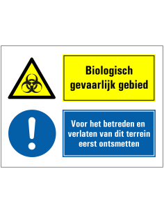 Biologisch risicogebied, eerst ontsmetten voor betreden of verlaten bord, blauw geel, rechthoekig