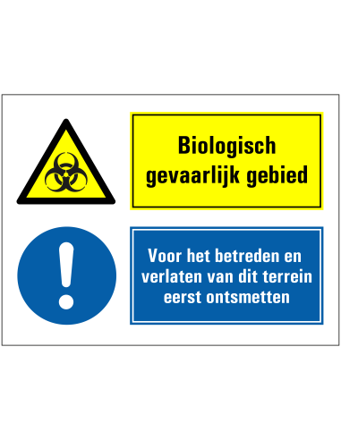 Biologisch risicogebied, eerst ontsmetten voor betreden of verlaten bord, blauw geel, rechthoekig