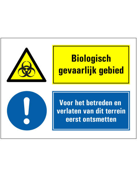 Biologisch risicogebied, eerst ontsmetten voor betreden of verlaten bord, blauw geel, rechthoekig