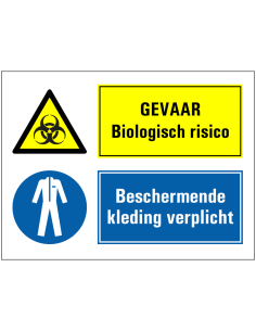Biologisch gevaar, beschermende kleding verplicht bord, blauw geel, rechthoekig