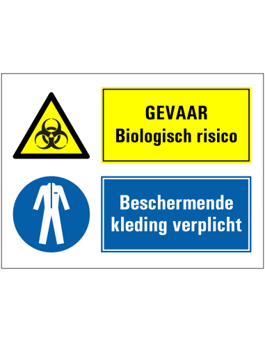 Biologisch gevaar, beschermende kleding verplicht bord, blauw geel, rechthoekig