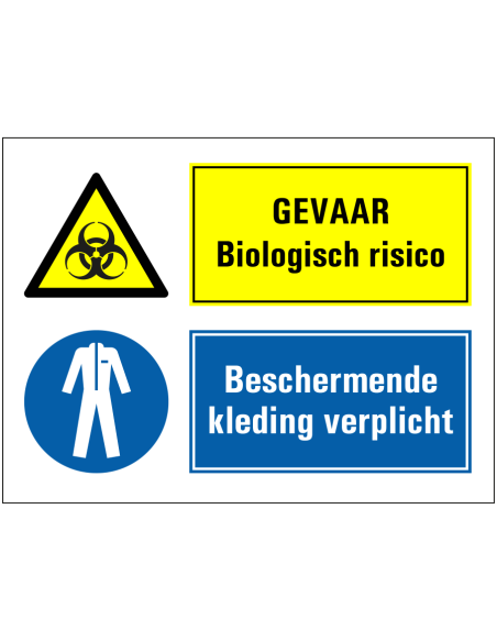 Biologisch gevaar, beschermende kleding verplicht bord, blauw geel, rechthoekig