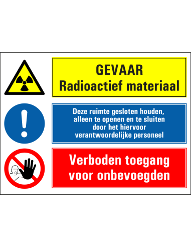 Radioactief materiaal, houd ruimte gesloten, verboden toegang onbevoegden bord, blauw, geel, rood, rechthoekig