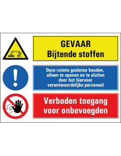 Bijtende stoffen, houd ruimte gesloten, verboden toegang onbevoegden bord, geel blauw, rood, rechthoekig