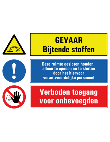 Bijtende stoffen, houd ruimte gesloten, verboden toegang onbevoegden bord, geel blauw, rood, rechthoekig