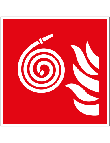 Niet aangesloten brandslang sticker, F019, ISO 7010, met losse brandslang symbool, rood wit, vierkant