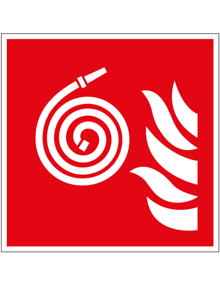 Niet aangesloten brandslang bord, kunststof, F019, ISO 7010, met losse brandslang symbool, rood wit, vierkant
