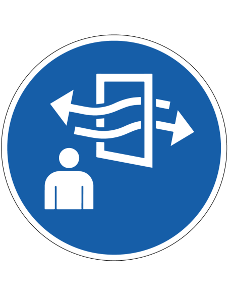 Ventileer de ruimte bord, kunststof, ISO7010, M056, ISO 7010, blauw wit, rond met symbool van raam met in en uitgaande lucht