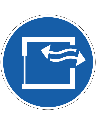 Ventileer de ruimte bord, kunststof, ISO7010, M056, ISO 7010, blauw wit, rond met symbool van raam met in en uitgaande lucht