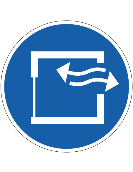 Ventileer de ruimte bord, kunststof, ISO7010, M056, ISO 7010, blauw wit, rond met symbool van raam met in en uitgaande lucht