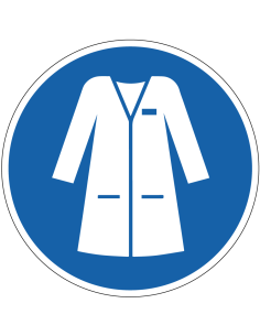 Laboratoriumjas verplicht sticker, ISO 7010, M059, rond, blauw wit, met lange laboratoriumjas pictogram