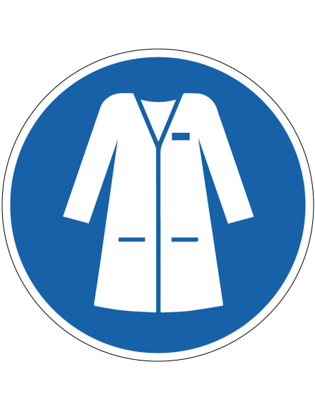 Laboratoriumjas verplicht sticker, ISO 7010, M059, rond, blauw wit, met lange laboratoriumjas pictogram