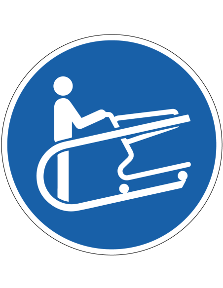 Winkelwagen vasthouden sticker, ISO 7010, M060, blauw wit, rond met symbool van persoon die winkelwagen vasthoud