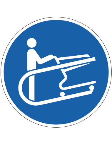 Winkelwagen vasthouden bord, kunststof, M060, blauw wit, rond met symbool van persoon die winkelwagen vasthoud