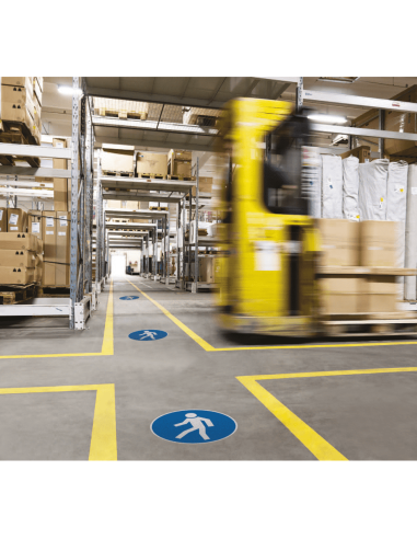 Vloersticker verplicht voetpad, extra hoge slipweerstand, blauw wit, rond, symbool voetganger