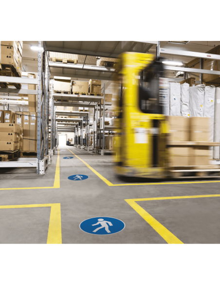 Vloersticker verplicht voetpad, extra hoge slipweerstand, blauw wit, rond, symbool voetganger