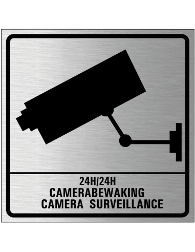 Camerabewaking bordje, geborsteld aluminium, grijs zwart, vierkant, symbool camerabewaking met tekst