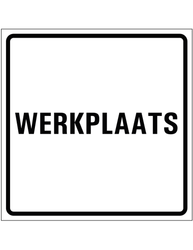 Werkplaats sticker, wit zwart, tekst werkplaats, vierkant