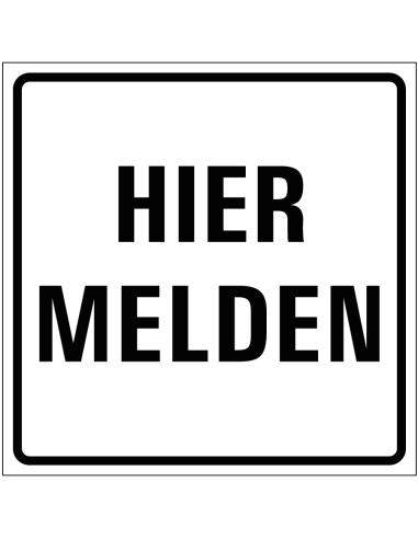 Hier melden sticker, wit zwart, tekst hier melden, vierkant