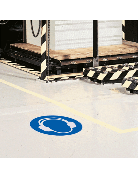 Vloersticker gehoorbescherming verplicht, sterke zelfklevende folie, blauw wit, rond, symbool persoon met oorkap