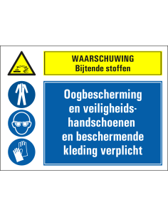 Bijtende stoffen, oogbescherming, handschoenen en beschermende kleding verplicht bord, blauw geel, rechthoek