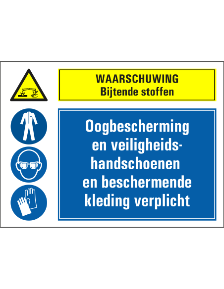 Bijtende stoffen, oogbescherming, handschoenen en beschermende kleding verplicht bord, blauw geel, rechthoek
