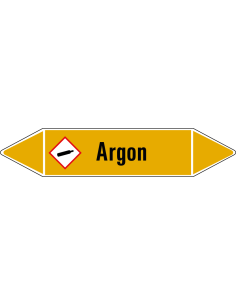 Argon leidingmarkering op vel, geel zwart, Nederlandse tekst argon, stroomrichting leiding gas, GHS04