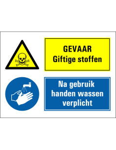 Gevaar giftige stoffen, na gebruik handen wassen verplicht bord, geel blauw, rechthoekig