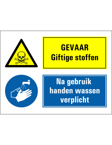 Gevaar giftige stoffen, na gebruik handen wassen verplicht bord, geel blauw, rechthoekig