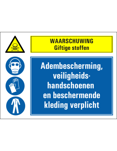 Giftige stoffen, adembescherming, handschoenen en beschermende kleding verplicht sticker, geel blauw