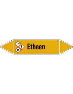 Etheen leidingmarkering op vel, geel zwart, Nederlandse tekst etheen, stroomrichting leiding gas, GHS04 GHS02 en GHS07 pictogram
