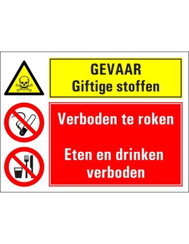 Gevaar giftige stoffen, roken eten en drinken verboden bord, geel rood, rechthoekig